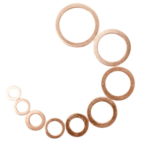Dope Copper Washer Set with 12 Sizes and 300 Pcs, arranged in a spiral, showing various washer sizes from M5 to M20.
