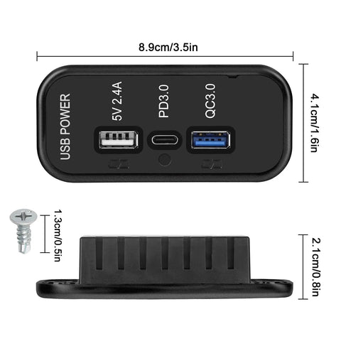Slick Upgrade 3 Port 12V 24V USB Outlet Panel Quick Charge Fast Charger with USB C PD and USB A QC Ports, dimensions shown.