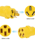 Heavy Duty Nema 10 50P To 14 50R Adapter connects three prong male plug to four prong female receptacle, yellow electrical connectors.