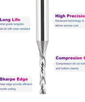 Close-up of a Five Piece 1/8 Inch Compression Router Bit Set With 1/4 Inch Shank Up Down Spiral Carbide Bits highlighting features.