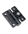 Side view of black plastic adjustable-damping cabinet hinge with screw holes