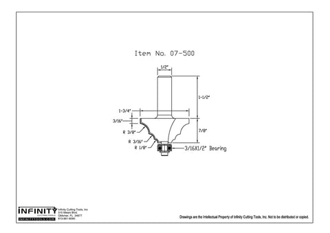 Technical diagram showing dimensions of Half Inch Shank Multi Radius Router Bit With Three Bearing Kit Cutting Diameter One And Three Quarter Inches Cutting Height Seven Eighths Inch Carbide Tip Built Tough Pro Grade Heavy Duty For Handheld Or Table Mounted Wood Router