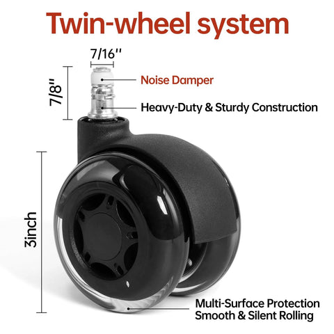 3 Inch Office Chair Wheels Set Of 5 Double Rollerblade Replacement For Smooth Quiet Rolling On Hardwood Floors And Carpets Heavy Duty Non Marring Black Wheels For Office And Gaming Chairs close-up view with dimensions.