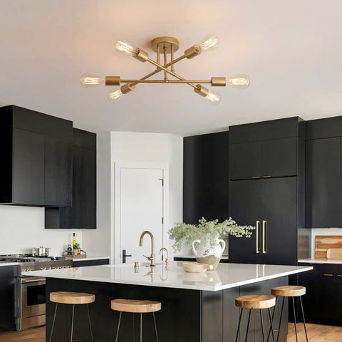 Gold Modern Sputnik Chandelier With Six Lights Dope Look Industrial Metal Semi Flush Mount Ceiling Light in kitchen.