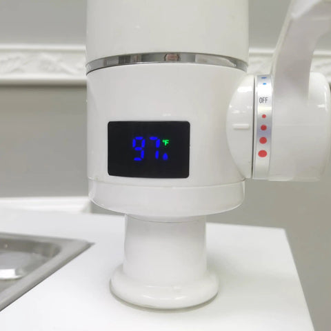 Close-up of Portable Mobile Hand Wash Station With Hot Water And Temperature Control Self Contained Sink Unit at 97°F.
