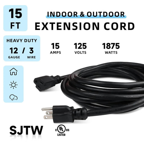 15 Ft Outdoor Extension Cord With 12/3 SJTW Heavy Duty Black Cable Grounded 3 Prong Plug Power Cord product image, coiled view