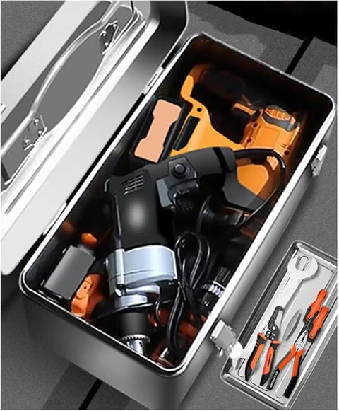 Sturdy Portable Stainless Steel Tool Box With Metal Latch, On-The-Go Storage Case for Tools with removable tray and tools inside