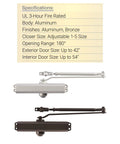 Heavy Duty Commercial Door Closer With Aluminum Finish Built For High Traffic Spaces Adjustable From Size 1 To 5 180 Degree Opening Controls Traffic Prevents Slamming Ideal For Exterior And Interior Doors, shown in specifications and finishes.