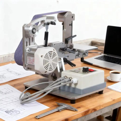 Powerhouse 750W Belt Sander With 915X50mm Sanding Belt For Metal And Wood Projects on a workbench with plans.