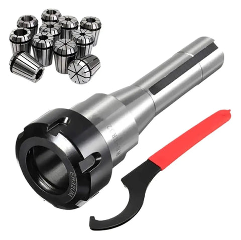 Rock Solid R8 ER32 Tool Holder 7/16 Inch Shank with ER32 collets and wrench for precise CNC milling.