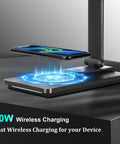 Go-To Smart Desk Lamp With 10W Wireless Charger And USB Port For Home Office And Study showing phone on charging pad