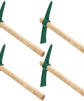 Four 15-inch mattock tools with wood handles and green steel heads, part of the 4 Piece 15 Inch Pick Axe Forged Mattock Tool Heavy Duty set.