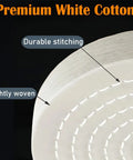 Close-up of Top Shelf 6 Inch White Cotton Buffing Wheels 2 Pack With 5 8 Inch Arbor Hole Hella Thick 1 Inch Construction showing durable stitching.