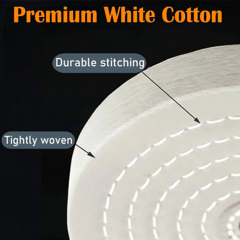 Close-up of Top Shelf 6 Inch White Cotton Buffing Wheels 2 Pack With 5 8 Inch Arbor Hole Hella Thick 1 Inch Construction showing durable stitching.