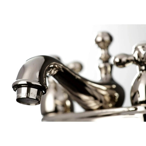 Close-up of Restoration Style 4-Inch Centerset Bathroom Faucet With Pop-Up Drain, Polished Nickel Finish, 4.5-Inch Reach