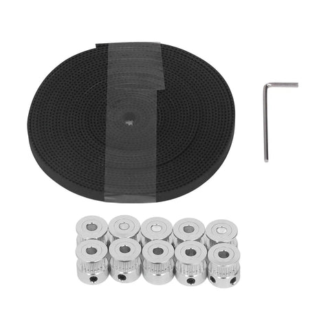 20 Tooth Timing Pulley Aluminum Alloy Sync Wheel Kit With 6mm Rubber Belt For Stable Power Transfer In CNC Machines And 3D Printer Setups Perfect For Hella Smooth Operation. black 6mm timing belt with aluminum pulley set, hex key, and 20-tooth wheels for CNC and 3D printers