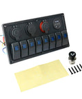 Waterproof 8 Gang Rocker Switch Panel With Digital Voltmeter Dual USB Charger 12V Cigarette Lighter Socket Blue LED Indicator