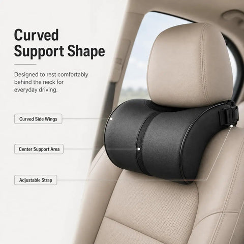 Curved support shape of Slick Comfort Memory Foam Car Headrest Neck Pillow For Tesla Cybertruck 2024 to 2026 with adjustable strap.