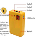 Portable Solar Camping Lantern And Phone Charger Generator System showing USB interface, switch, and indicator lights on yellow body.