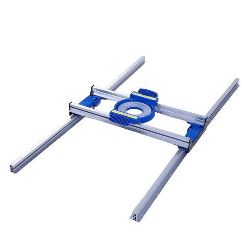 Pro Grade Router Sled For Woodworking Aluminum Alloy Jig With Precise Guide Rail And Smooth Glide, shown in blue and silver.