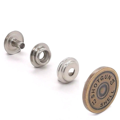 Shotgun Shell Concho Snap Cap Antique Brass Seven Eighths Inch Diameter Decorative Snap Cap For 12 Gauge Gear Hats Boots And Craft Projects One Piece Included.
