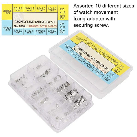 12 Size Casing Clamp And Screw Set For Watch Repair Kit With 240 Pieces of watch movements fixing adapters in a box
