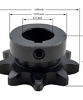 Close-up of 50B9 9 Tooth Roller Chain Sprocket Type B with dimensions, 3/4 inch bore, 5/8 inch pitch, hardened 1045 steel, blackened finish