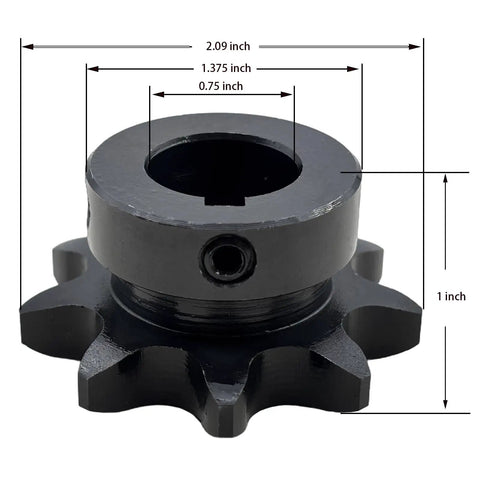 Close-up of 50B9 9 Tooth Roller Chain Sprocket Type B with dimensions, 3/4 inch bore, 5/8 inch pitch, hardened 1045 steel, blackened finish