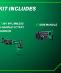 Kit includes 36V Cordless SDS Plus Rotary Hammer D Handle Tool Body Only With Brushless Motor and side handle