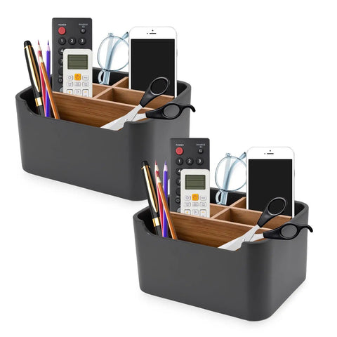 Black Desk Organizer And Remote Holder With Pen And Phone Slot, Multi Purpose Caddy Storage For Office And Home, Desk Coffee Table Bedside Nightstand, Space Saving With Removable Dividers For Customizable Organization shown with items.