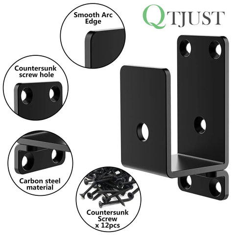 Heavy Duty Black Steel Door Barricade Brackets 32 Pack U Shape shows countersunk screw holes and smooth arc edges for 2x4 reinforcement.