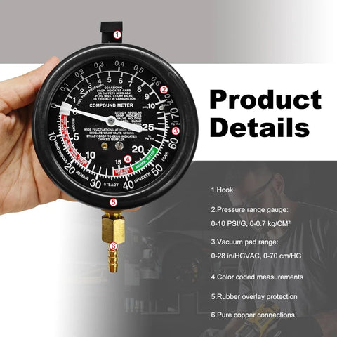 DXNQ fuel pump and vacuum tester gauge, handheld automotive pressure/vacuum meter with brass connector
