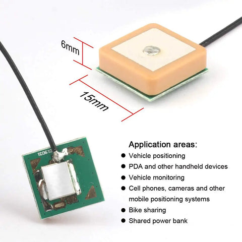 GT U7 GPS Module Two Pack With Plug And Play Setup, shown with dimensions and application areas for vehicle and device positioning.
