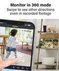Full Coverage 360 Indoor Security Camera With Two Way Audio, 1080p HD Live Video shown on smartphone screen.
