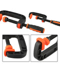 Two Piece Quick Release G Clamps Set For Woodworking With Plastic Jaw Bar Design Easy Trigger Mechanism shown from different angles.