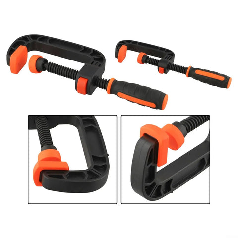 Two Piece Quick Release G Clamps Set For Woodworking With Plastic Jaw Bar Design Easy Trigger Mechanism shown from different angles.