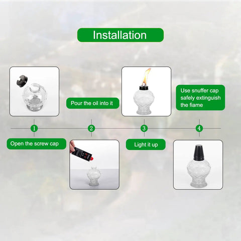 Installation guide for Four Pack Clear Glass Table Top Torches For Outdoors Mini Citronella Lanterns Easy Refill Lit Patio