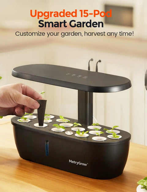 Smart Indoor Garden Kit With 24W Full Spectrum Grow Light 15 Pods Hydroponic System on a kitchen counter with sprouting herbs