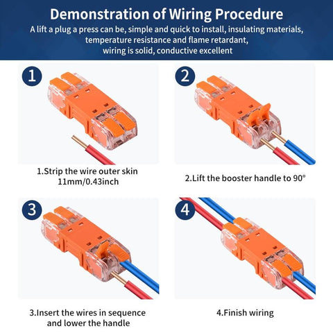 Demonstration of wiring procedure for Lever Wire Connectors Two Port Splicing Terminal Blocks Pluggable Male And Female Connectors.