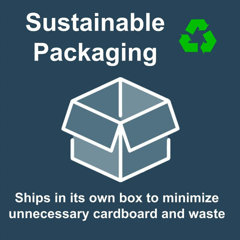 Image of sustainable packaging with a recycle symbol, featuring text about minimizing cardboard and waste.