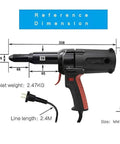 Pro Grade Electric Blind Rivet Gun Featuring A Smooth 27mm Stroke And No Fuss Auto Ejection System, detailed dimensions and specifications.