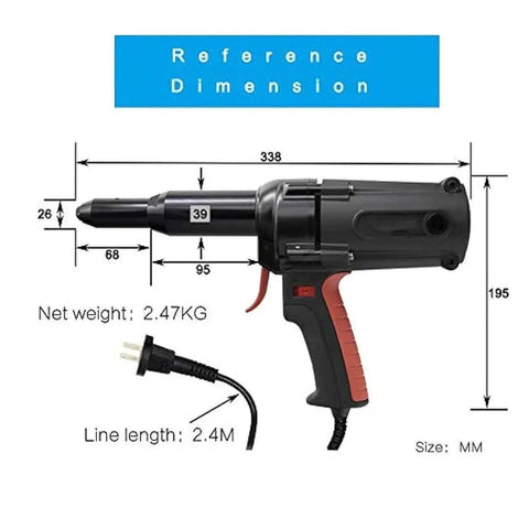 Pro Grade Electric Blind Rivet Gun Featuring A Smooth 27mm Stroke And No Fuss Auto Ejection System, detailed dimensions and specifications.