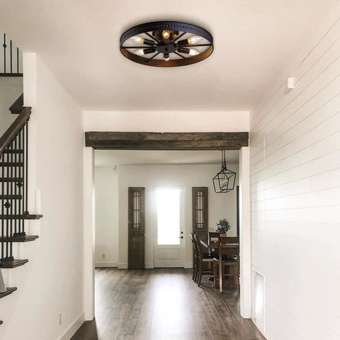 Rustic 6 Light Slick Metal Ceiling Light Fixture In Black With Industrial Round Spoke Wheel Design Semi Flush Mount Farmhouse Chandelier For Kitchen Island Dining Room Entryway Bedroom Hallway Living Room