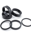 6 Pack 1 1/8 Inch Aluminum Bike Headset Spacers Set Anodized Black for MTBs and BMX, showing different spacer sizes.
