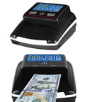 Portable Counterfeit Money Detector With Auto Feed And 4 Way Direction Cash Counting For USD And Euro UV IR MG Detection Fast Easy Money Verification For Small Businesses showing front and top view with currency