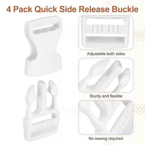 4 Pack Quick Side Release Buckles 1 Inch Plastic Clips Dual Adjustable Belt Snap Fasteners for Backpacks, Outdoor Gear, Paracord Bracelets, Pet Collars, White