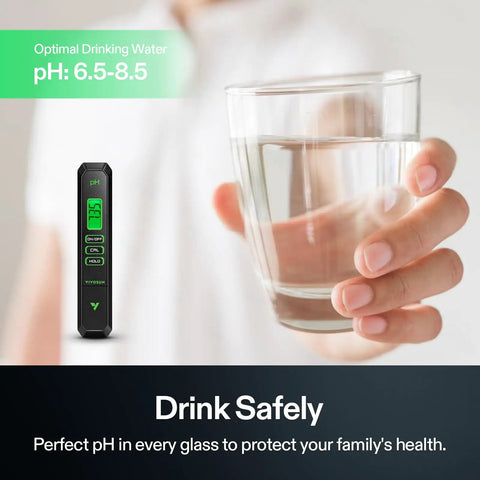 Digital pH Meter With 0.01 Accuracy Pen Tester For Water And Hydroponics, Auto Temperature Compensation, Easy Hold Function, Ultra-Sensitive Electrode, Dialed-In Readings For Precise, Consistent pH Checks, held with glass of water