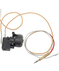 Two-pack propane tank-top heater thermocouple safety kit with dump switch; black control module, orange tubing, brass probe (front view).