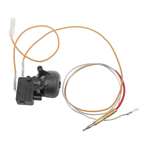 Two-pack propane tank-top heater thermocouple safety kit with dump switch; black control module, orange tubing, brass probe (front view).