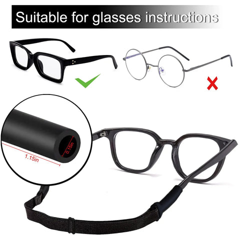 Adjustable Eyeglass Strap Set With Cleaning Cloths For Men Women And Kids, strap attached to angular glasses with grip measurement.